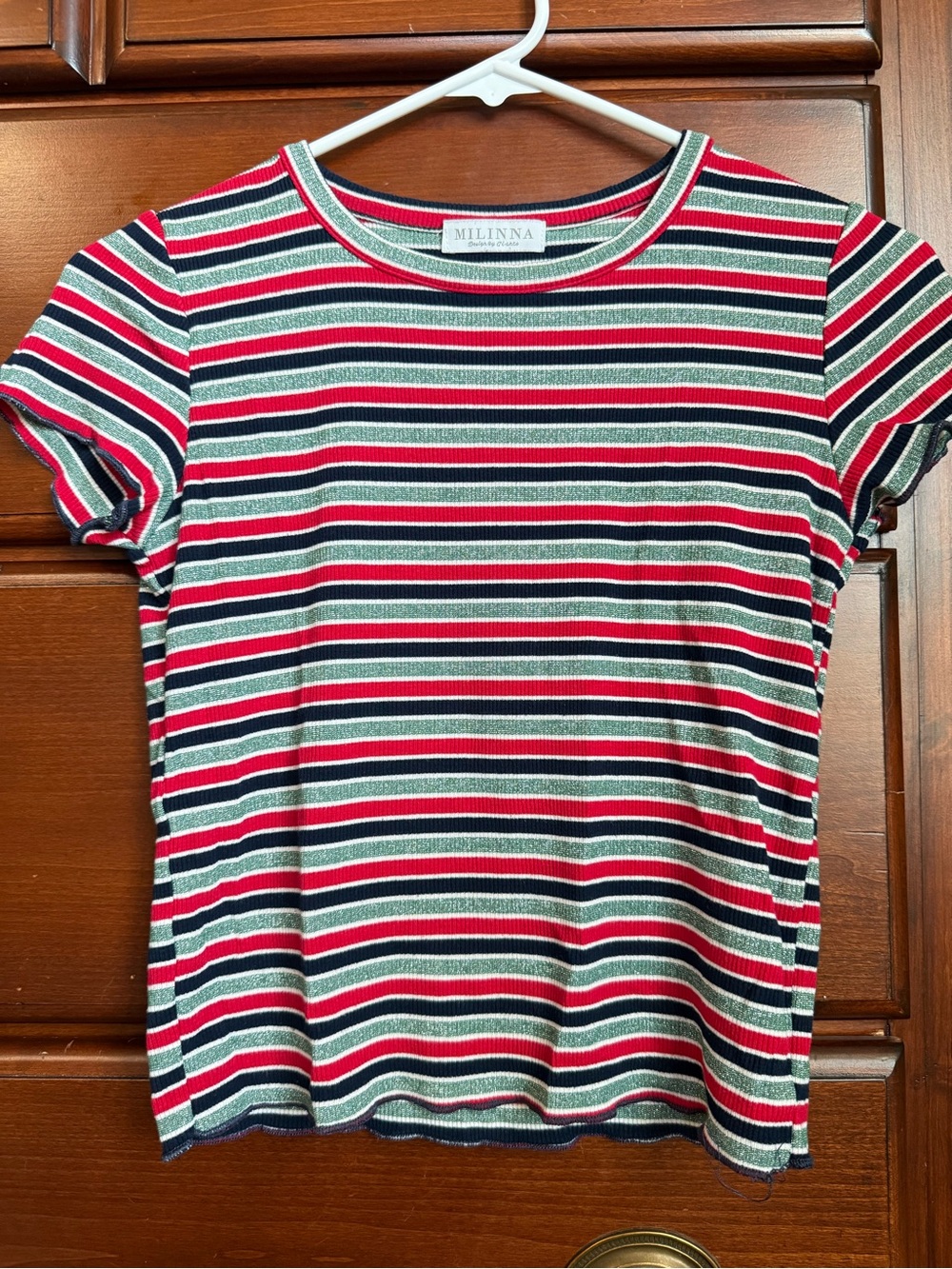 Girls' Red, Navy & White Striped Short Sleeve Top